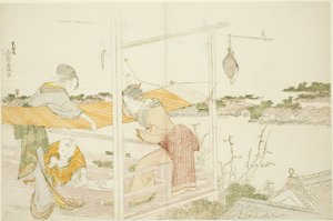 Mulheres em uma varanda esticando o pano para secar de Katsushika Hokusai