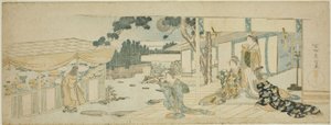 Mulheres na varanda a olhar para uma rapariga a apanhar flores de Katsushika Hokusai