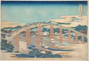 Ponte Yahagi em Okazaki, na Tōkaidō (Tōkaidō Okazaki Yahagi no hashi), da série «Vistas Notáveis de Pontes em Várias Províncias» (Shokoku meikyō kiran) de Katsushika Hokusai