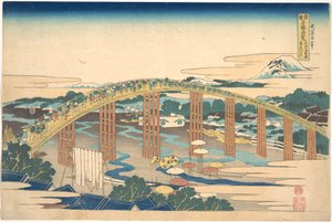 Ponte Yahagi em Okazaki, na Tōkaidō (Tōkaidō Okazaki Yahagi no hashi), da série «Vistas Notáveis de Pontes em Várias Províncias» (Shokoku meikyō kiran) de Katsushika Hokusai