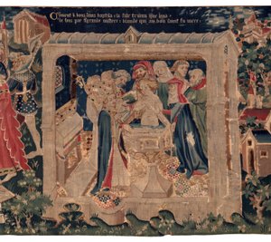 História de Saint Piat e Saint Eleuthère, também chamado de tapeçaria de Arras. Encomendado ao cónego Toussaint Prier, capelão do duque de Borgonha, final do século XIV e início do século XV. 22m x 2m. Detalhe (tapeçaria)
