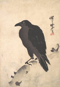 Corvo descansando em tronco de madeira, meados do século XIX. de Kawanabe Kyosai