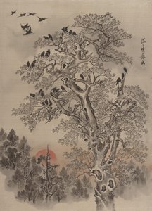 Bando de corvos ao amanhecer, ca. 1887 de Kawanabe Kyosai