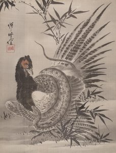 Faisão capturado por uma cobra, ca. 1887. de Kawanabe Kyosai