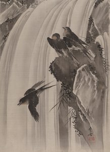 Andorinhas por uma cachoeira, ca. 1887 de Kawanabe Kyosai