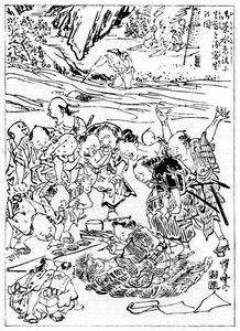 Jovem Kyôsai Esboçando a Cabeça Cortada, 1898. de Kawanabe Kyosai