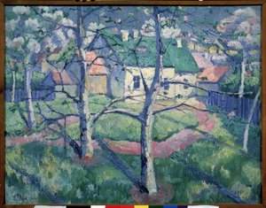 Florescendo Das Macieiras. Paisagem campestre no verão, algumas casas, um caminho, árvores. Pintura de Kasimir Severinovich Malevich (Malevich, Malevic) (1878-1935), óleo sobre tela de Kazimir Severinovich Malevich