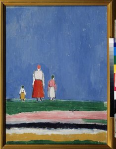 Três Números. Uma mãe com dois filhos, retratada por trás. Pintura de Kasimir Severinovich Malevich (Malevich, Malevic) (1878-1935), óleo sobre tela 1913 ou depois de 1927. Arte russa, avant garde século XX, suprematismo. Colecção p de Kazimir Severinovich Malevich