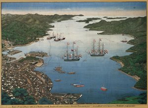 A ilha de Deshima na baía de Nagasaki com os navios Vasco da Gama e Johanna..., ca 1825.