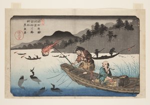 Não. 55, K?do: Cormorant Fishing Boats on the Nagae River (K?do, Nagaegawa ukaibune) (impressão em bloco de madeira colorida) de Keisai Eisen