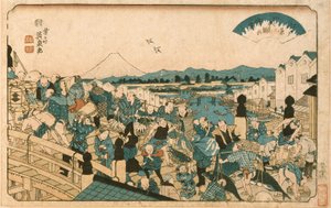 Tempo a abrir na ponte Nihonbashi de Keisai Eisen