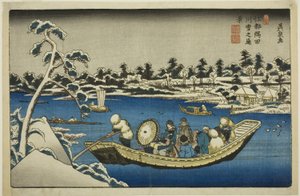 Vista distante da neve no rio Sumida em Edo de Keisai Eisen