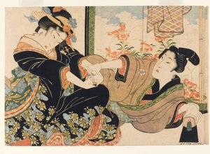 Amantes por uma tela pintada, 1815-25 (xilogravura) de Keisai Eisen