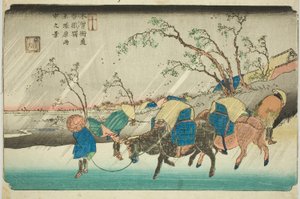 No. 20: Chuva na planície de Hiratsuka perto da estação de Kutsukake (Niju: Kutsukake no eki, Hiratsukahara uchu no kei), da série "[Sessenta e nove estações do] Kisokaido (Kisokaido [rokujukyu tsugi no uchi])" de Keisai Eisen