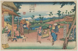 Número 9: Vista do aterro de Hatchō na estação de Kumagaya, da série «Ao longo da estrada de Kiso» de Keisai Eisen