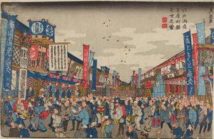 Multidão diante dos teatros na rua Shibaimachi / Vista dos teatros Kaomise em Edo, Shibaimachi de Keisai Eisen
