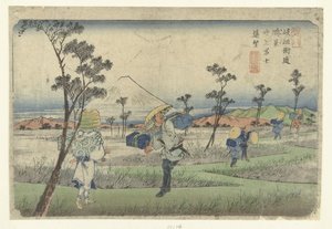 Vista do Monte Fuji em forma de fonte, tal como visto de Konosu.
Konosu fukiage Fuji enbo (título sobre o objecto)
As estações do Kisokaido (título da série)
Kisoji eki (título da série sobre o objecto) de Keisai Eisen