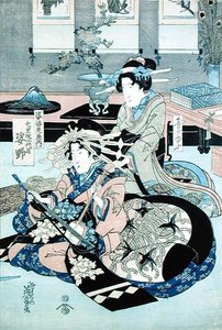 Two Seated Ladies, One Playing the Samisen (impressão em bloco de madeira) de Keisai Yeisen