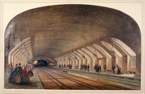 Interior da Baker Street Station mostrando plataformas e um trem se aproximando, Londres, c1865