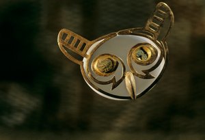 Moche; Enterros; Huaca Dos Cabezas-Jecetepeque,Ornamento de nariz de coruja em ouro de Kenneth Garrett