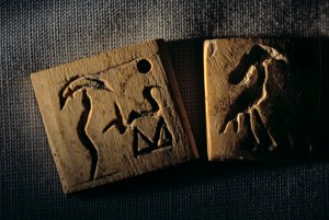 Etiqueta de marfim pré-dinástica, escrita mais antiga, Dr. Gunter Dreyer, Egipto, 2005 (foto) de Kenneth Garrett
