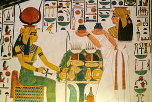 Túmulo de Nefertari; Nefertari oferece vinho a um grupo de divindades; Egipto, Vale do... de Kenneth Garrett