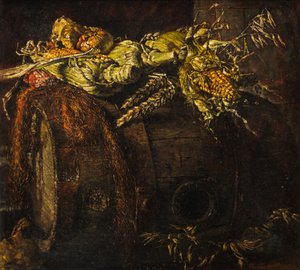 Barril velho e espigas de milho (óleo sobre tela)