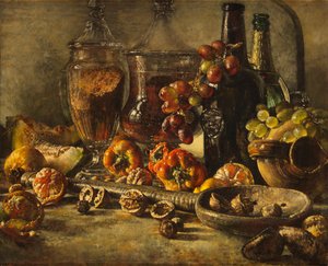 Natureza morta com frutas, nozes e garrafas (óleo sobre tela)