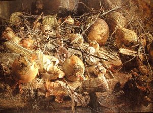 Natureza Morta com Cebolas, Cogumelos e Milho sobre a Cob (óleo sobre tela)