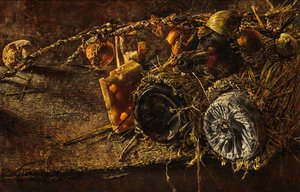 Natureza morta com queijo e garrafas (óleo sobre tela)