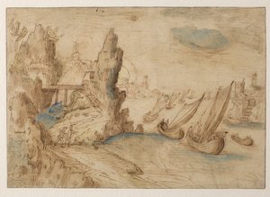 Cena costeira imaginária com navios de pesca, 1575-1633