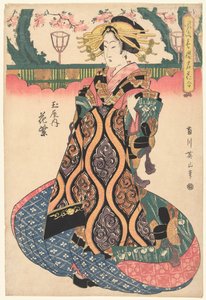 Cortesã Hanamurasaki da casa Tamaya Tamaya uchi Hanamurasaki (título no objeto) Flores famosas das refinadas casas de prazer (título da série) Furyu seiro meika awase (título da série no objeto)