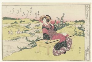 O rio Ide Tama em Yamashiro. Yamashiro, Ide no Tamagawa. (título no objeto) Belezas das refinadas casas de prazer comparadas aos seis rios Tama (título da série) Furyu seiro bijin Mu Tamagawa no uchi. (título da série no objeto)