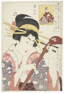 Mulher com shamisen Três jovens poetas (título da série) Waka sanjin (título da série no objeto) de Kikugawa Eizan