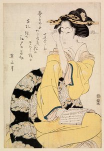 Cortesã sentada com um livro, c.1804-29 (xilogravura a cores)