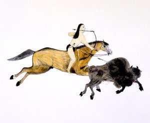 Búfalo indiano montado da caça de Grand Plains com arco e flecha, c1890-c1927.