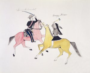 Retrato simbólico do conflito entre os índios e os brancos, representado por seus dois líderes mais famosos, General Custer e Crazy Horse (pigmento sobre tela)