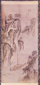 Art coreen: o regresso de Mu-i. Coreen paisagem com barco e penhasco íngreme. Impressão de Kim Hong do ou Danwon (1745-ca. 1806). 1760. Colecção Hyung Pil Chun.