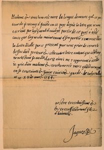 Carta do rei James VI 1566-1625 a sua mãe, rainha Mary 1542-1587, 1584-5 de King James I
