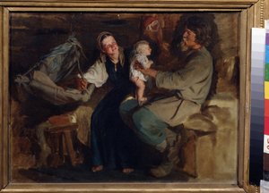 Alegria dos pais. Num interior modesto, um casal de camponeses, o pai sentado, segurando o seu bebé meio nu, equilibrando-se no colo, ao lado deles, a mãe sorri e segura o berço suspenso. Pintura por Kirill (Karl) Vikentlevic de Kirill Vikentievich Lemoch