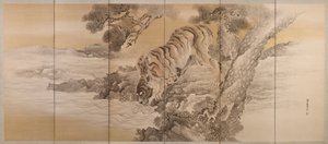 Tela sextuplicada retratando um tigre bebedor, 1749-1838