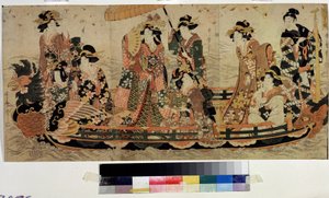 Admire as flores de cerejeira (Hanami) (Cherry Blossom Viewing, Hanami). Impressão por Kitagawa Utamaro II (?-1831). Gravura a cores, 37 x 76 cm. arte oriental. Museu Pushkin, Moscou
