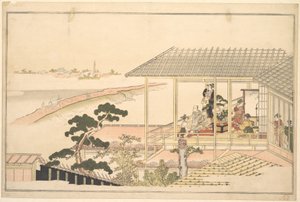 Uma festa de foliões numa casa em Yoshiwara, numa noite de luar de Kitagawa Utamaro