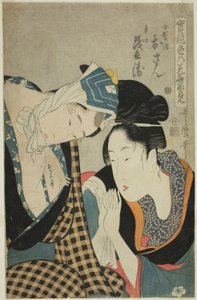Um teste de perícia - as nascentes do amor (Jitsu kurabe iro no minakami): Osan e Mohei (xilogravura a cores; oban) de Kitagawa Utamaro