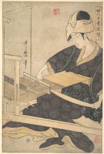 Uma mulher a tecer, sentada diante de um tear manual de Kitagawa Utamaro