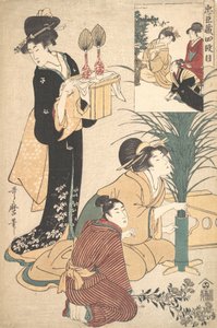 Uma mulher e um homem arranjando flores para o Festival da Lua Tsukimi, 1802. de Kitagawa Utamaro