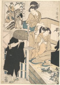 Uma mulher à toilette, sentada diante de um espelho, enquanto uma kameyui (cabeleireira) lhe penteia o cabelo de Kitagawa Utamaro