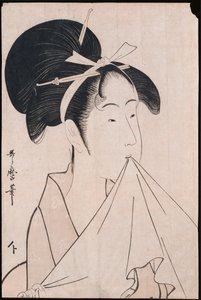 Um retrato do busto de Okita da Naniwaya segurando uma toalha de mão nos dentes e esticando o pano de Kitagawa Utamaro
