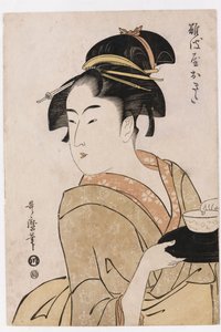 Um retrato do busto da garçonete Okita da Casa de Chá Naniwaya de Kitagawa Utamaro