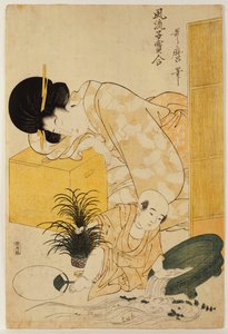Uma mãe cochilando enquanto seu filho tomba um aquário, da série "Comparação de crianças na moda" de Kitagawa Utamaro
